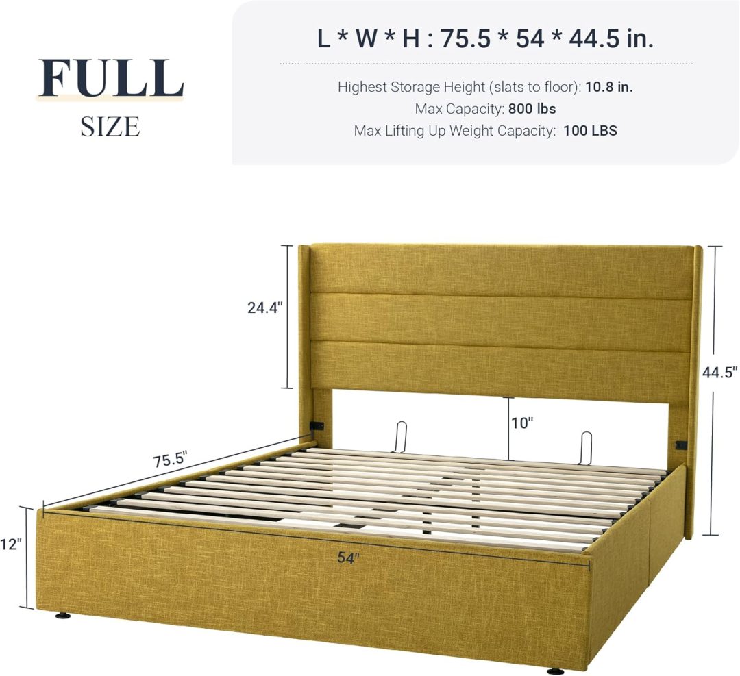 ZenVora Queen Size Lift Up Storage Bed with Wingback Headboard, Upholstered Platform Bed Frame with Hidden Storage
