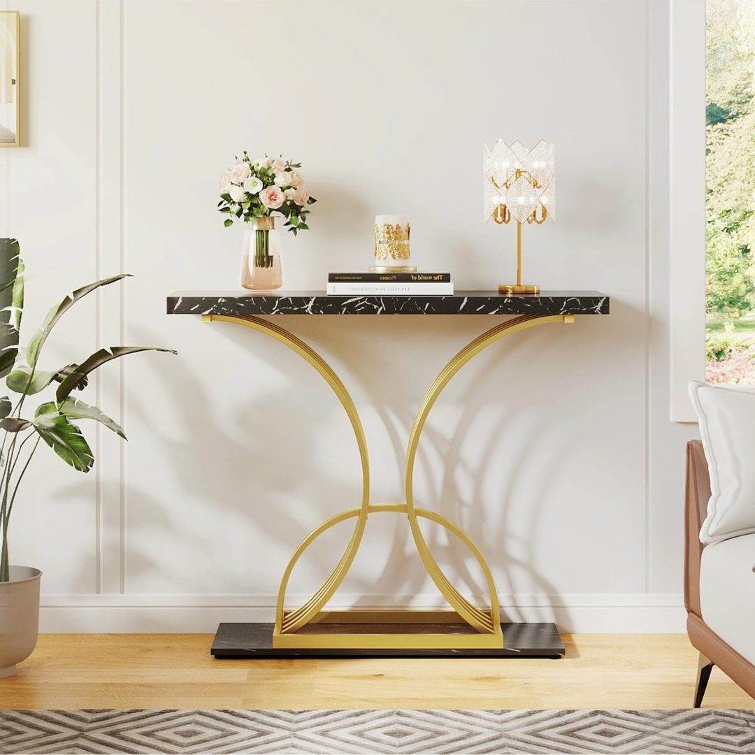 ZenVora Modern Gold Console Table with Marbled Top, Sofa Table for Entryway and Hallway