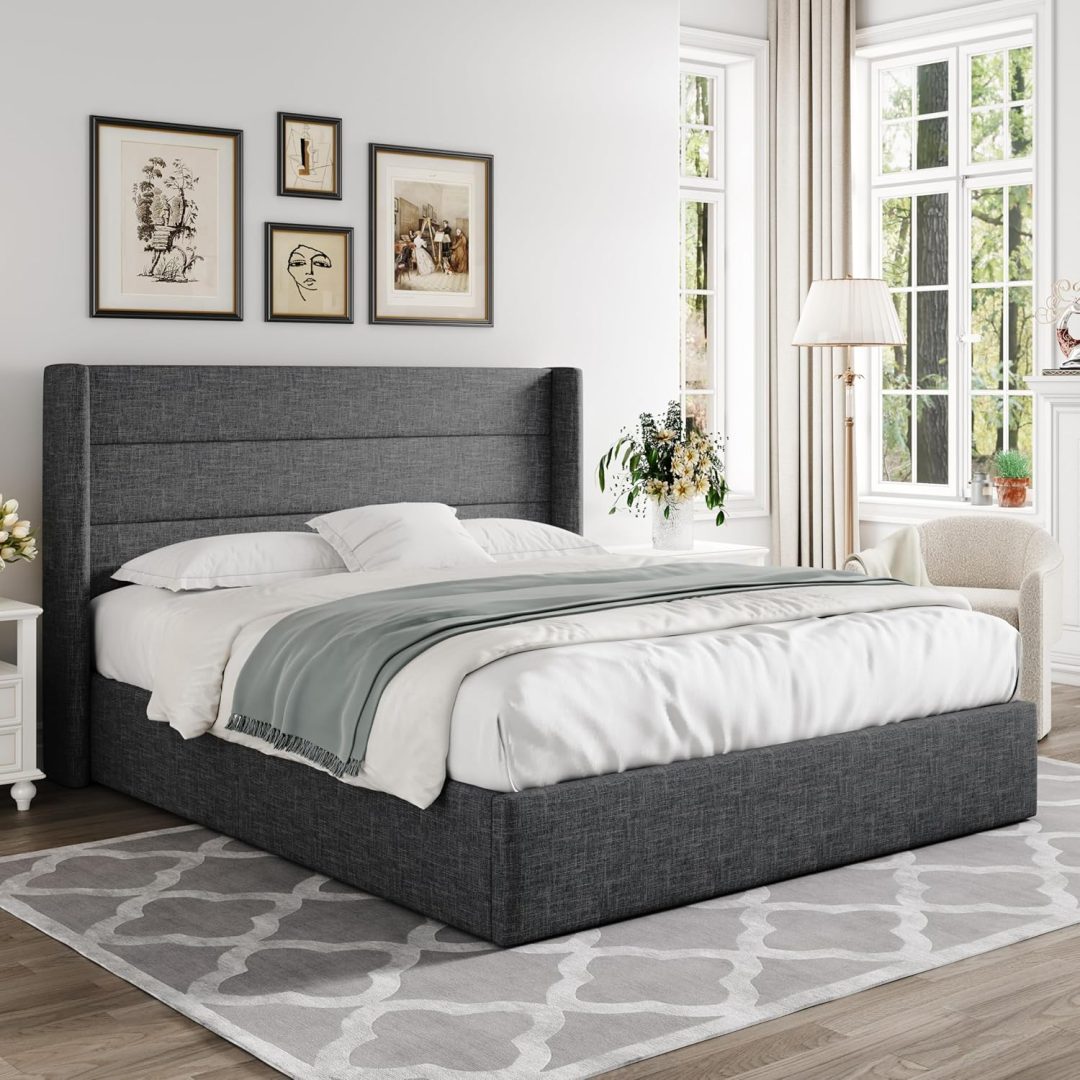 ZenVora Queen Size Lift Up Storage Bed with Wingback Headboard, Upholstered Platform Bed Frame with Hidden Storage