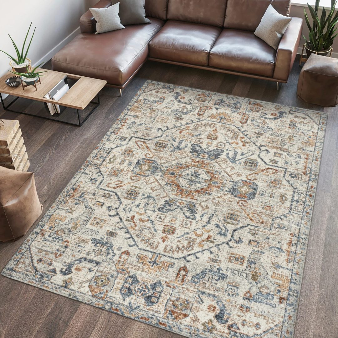 ZenVora Bohemian Medallion Low-Pile Machine-Washable Area Rug, Cream and Terra