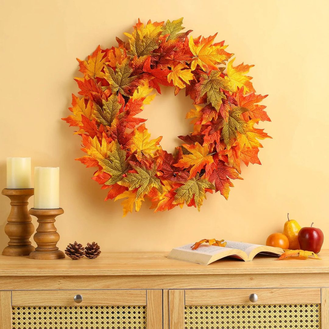 ZenVora Thanksgiving LED Lighted Fall Maple Leaf Wreath and Garland - Autumn Home Decor