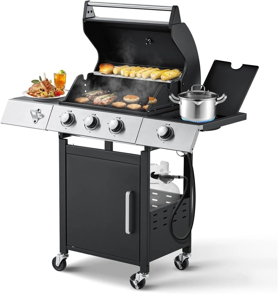 ZenVora 4-Burner Propane Gas Grill with Cast Iron Grates, Side Stove and 44,000 BTU Stainless Steel Burners