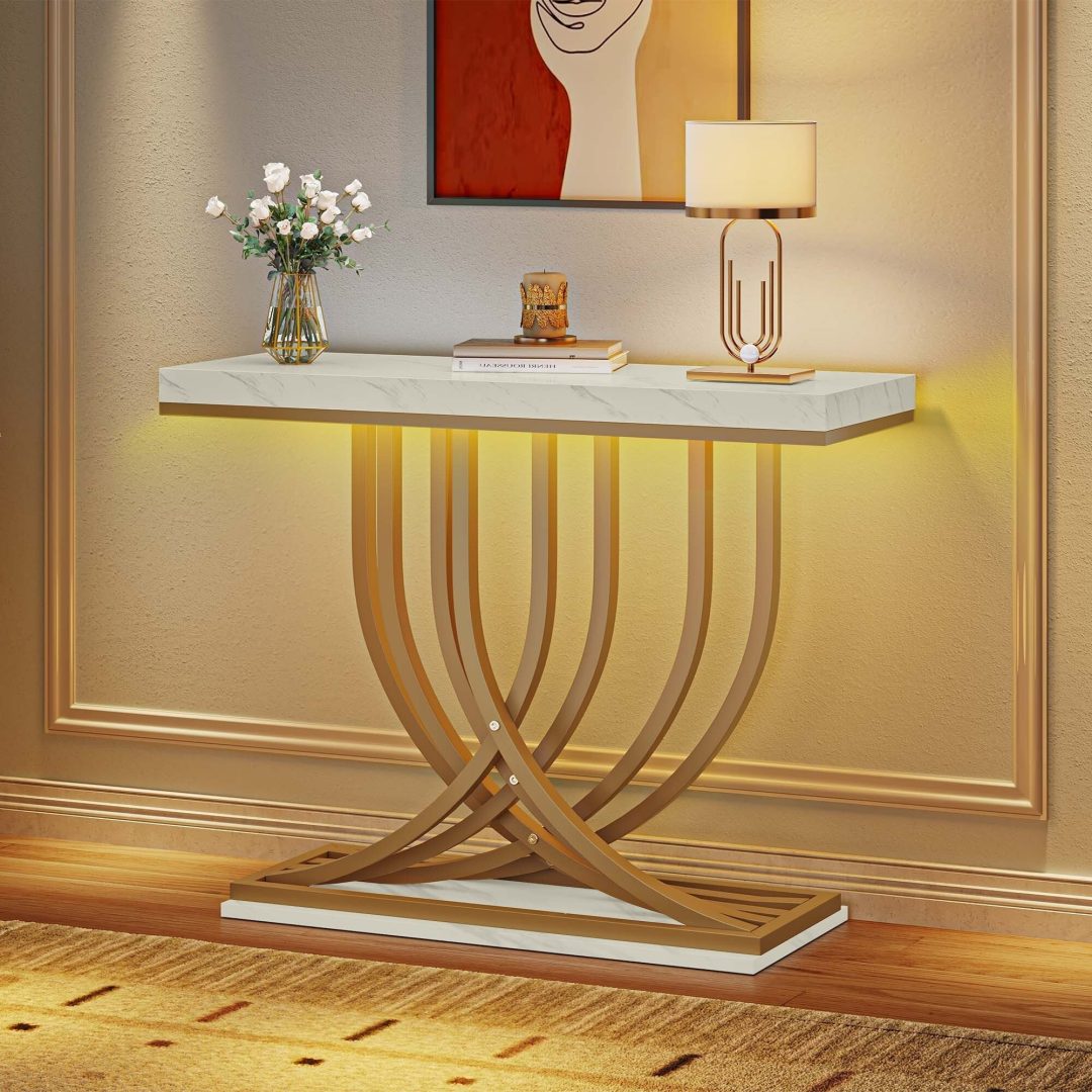 ZenVora Modern Gold Console Table with Marbled Top, Sofa Table for Entryway and Hallway