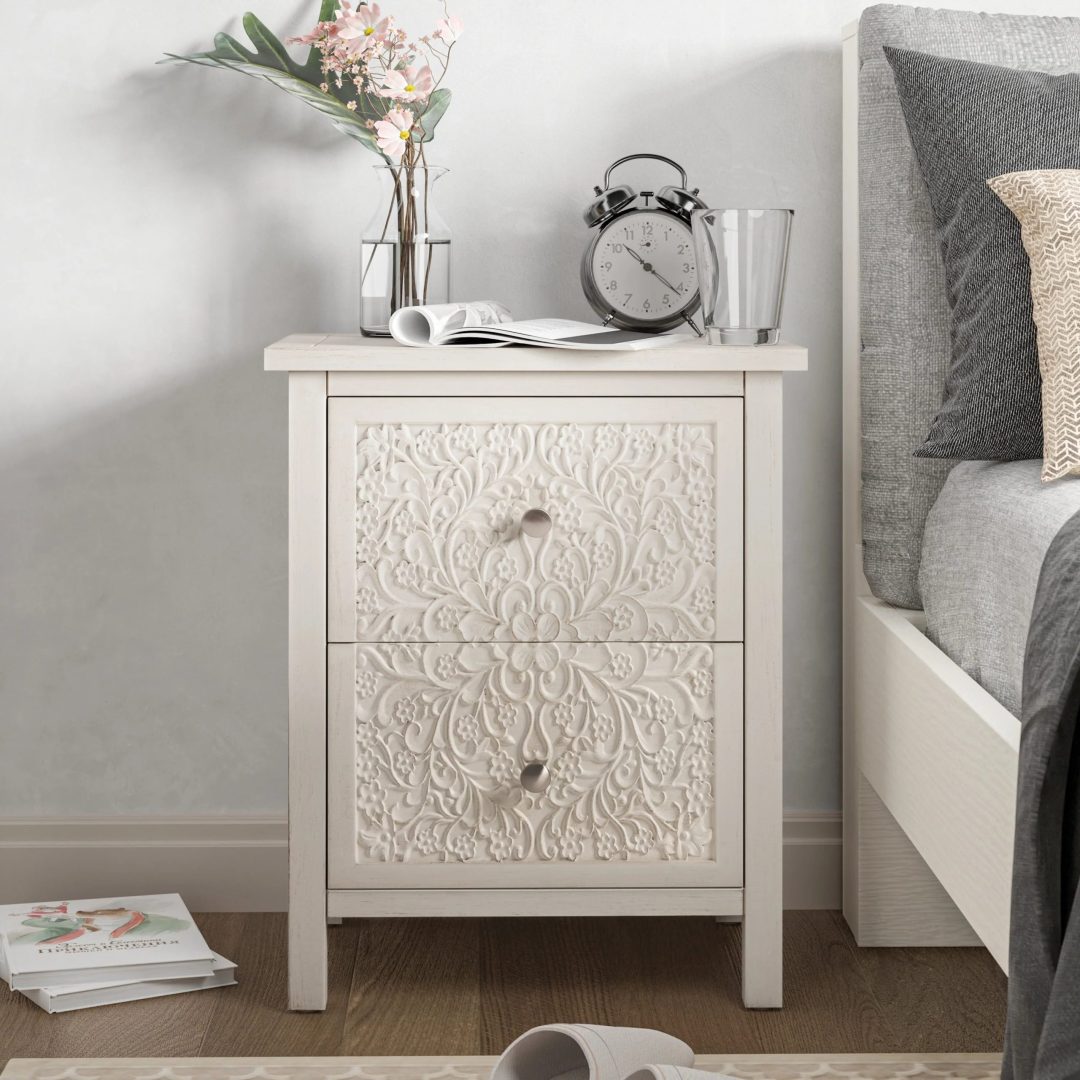 Farmhouse Fully Assembled Nightstand with 2 Drawers, Flower Motif End Table for Small Spaces
