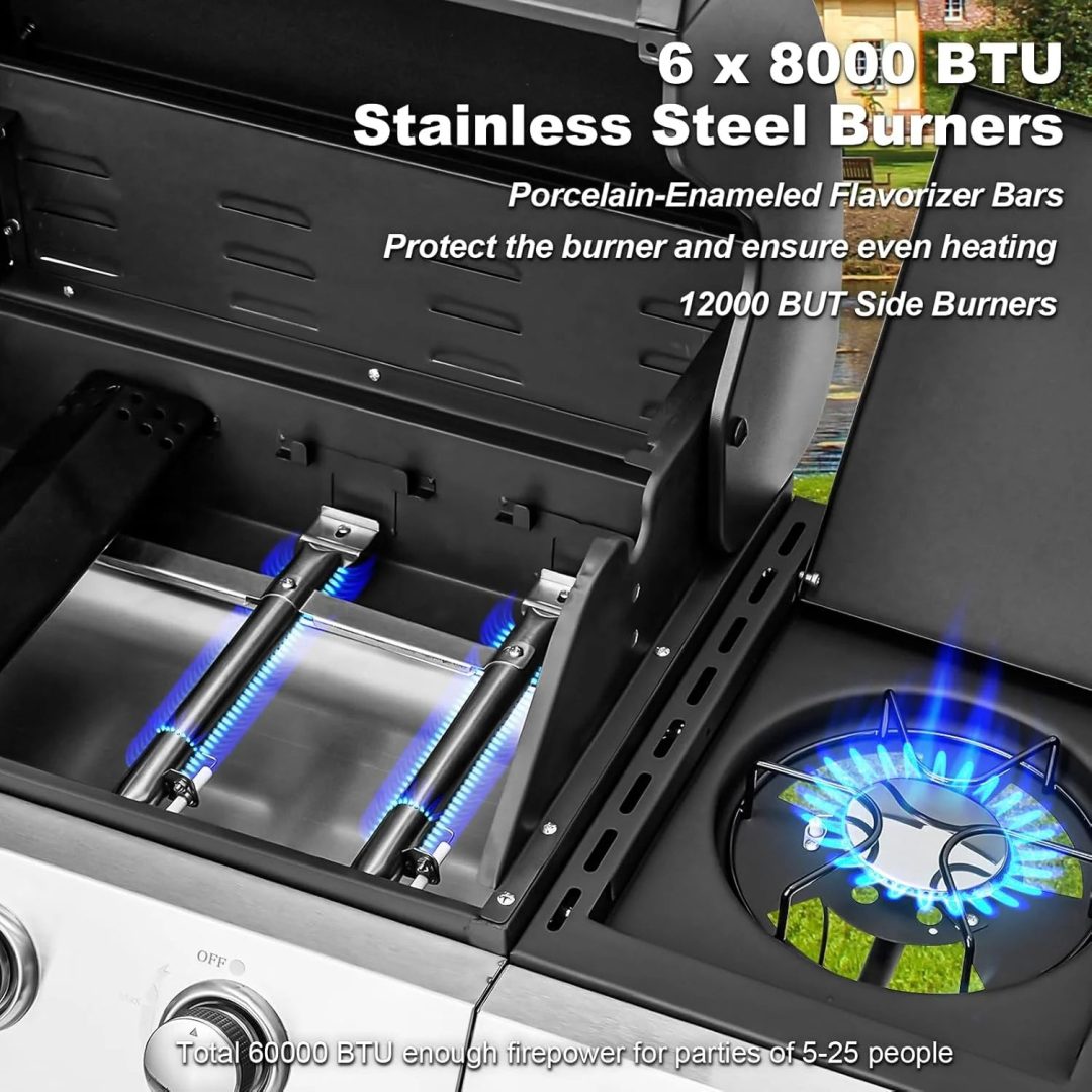 ZenVora 4-Burner Propane Gas Grill with Cast Iron Grates, Side Stove and 44,000 BTU Stainless Steel Burners