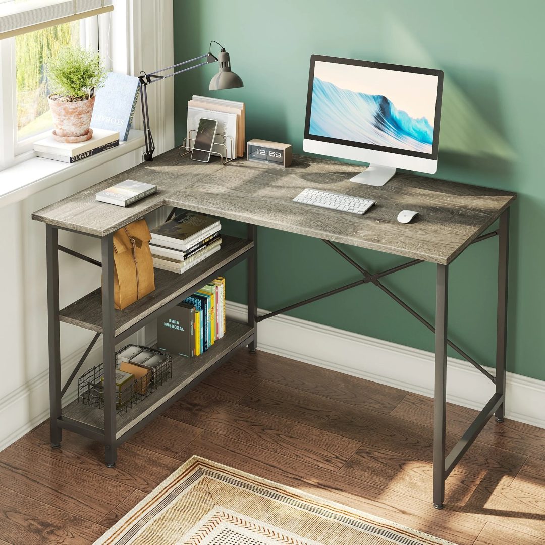 ZenVora Small L Shaped Computer Desk with Storage Shelves, Compact Corner Workstation for Home Office and Study