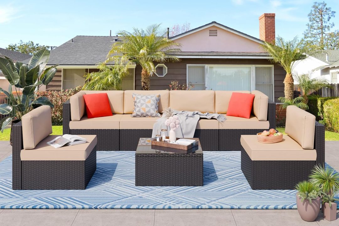 ZenVora 5-Piece All-Weather Patio Furniture Set with Ottoman, Outdoor Wicker Conversation Sofa Set with Cushions for Garden, Deck & Backyard