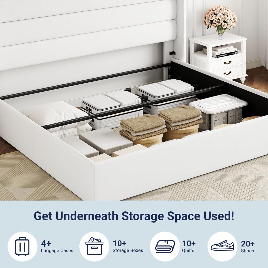 ZenVora Queen Size Lift Up Storage Bed with Wingback Headboard, Upholstered Platform Bed Frame with Hidden Storage