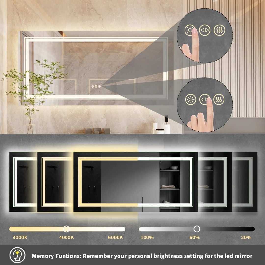 ZenVora Extra Large LED Lighted Bathroom Mirror, Anti-Fog Wall Mounted Vanity Mirror with 3 Colors