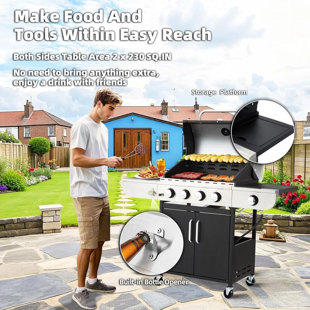 ZenVora 4-Burner Propane Gas Grill with Cast Iron Grates, Side Stove and 44,000 BTU Stainless Steel Burners