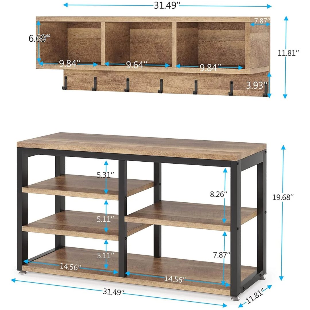 ZenVora Entryway Coat Rack and Shoe Bench Set, Industrial Hall Tree with Coat and Shoe Storage