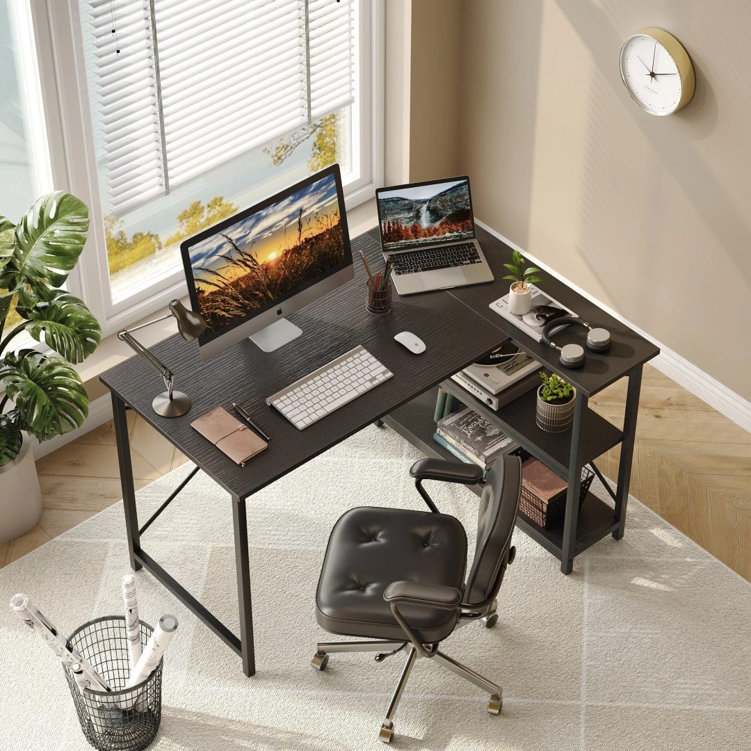 ZenVora Small L Shaped Computer Desk with Storage Shelves, Compact Corner Workstation for Home Office and Study