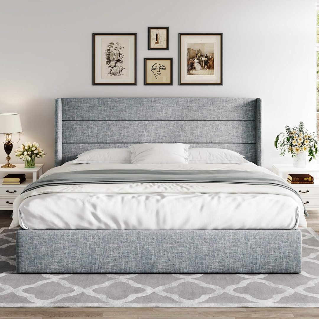 ZenVora Queen Size Lift Up Storage Bed with Wingback Headboard, Upholstered Platform Bed Frame with Hidden Storage