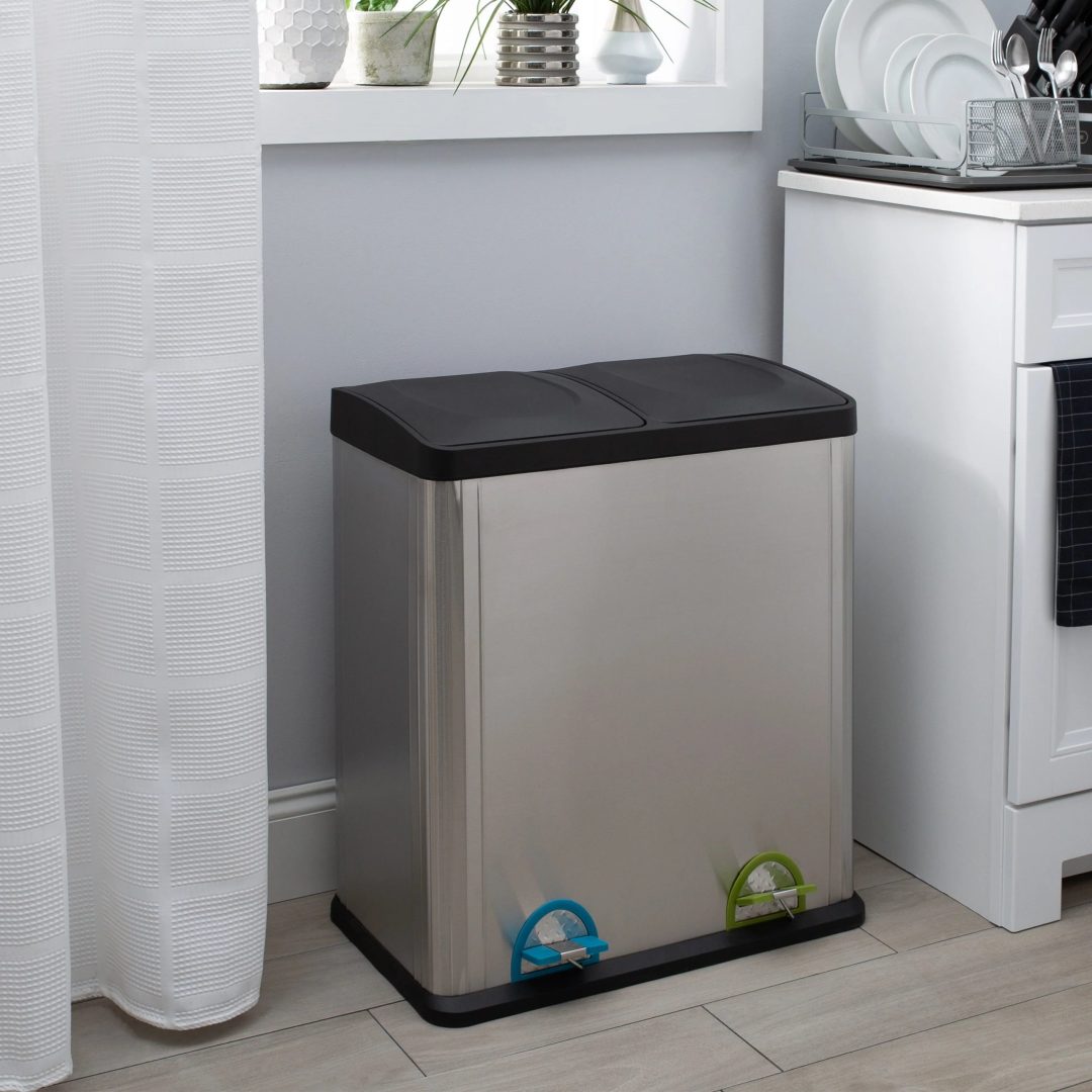 ZenVora 60L 2 Compartment Stainless Steel Recycling Bin, Dual Section Trash Sorter Container for Kitchen, Home & Office