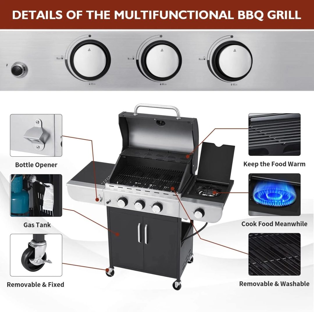 ZenVora 4-Burner Propane Gas Grill with Cast Iron Grates, Side Stove and 44,000 BTU Stainless Steel Burners