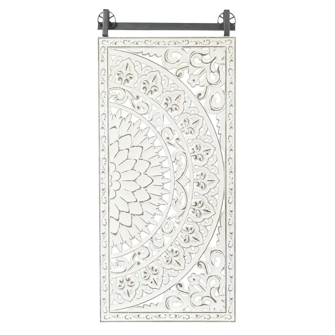 Set of 2 Distressed Ivory White Wood Flower Wall Art with Black Accents