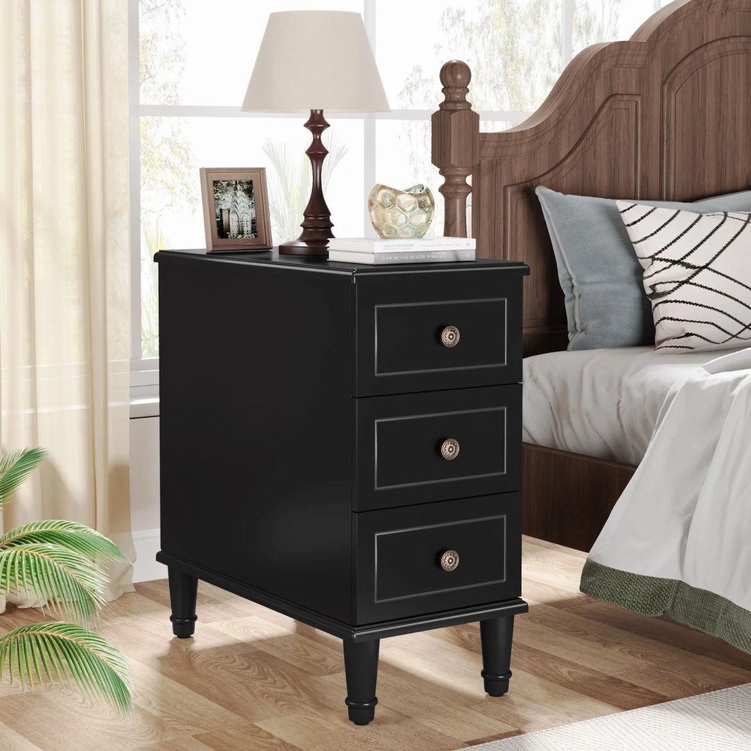 ZenVora Fully Assembled Narrow End Table, Solid Wood Side Table with 3 Drawers, Vintage Nightstand for Small Spaces