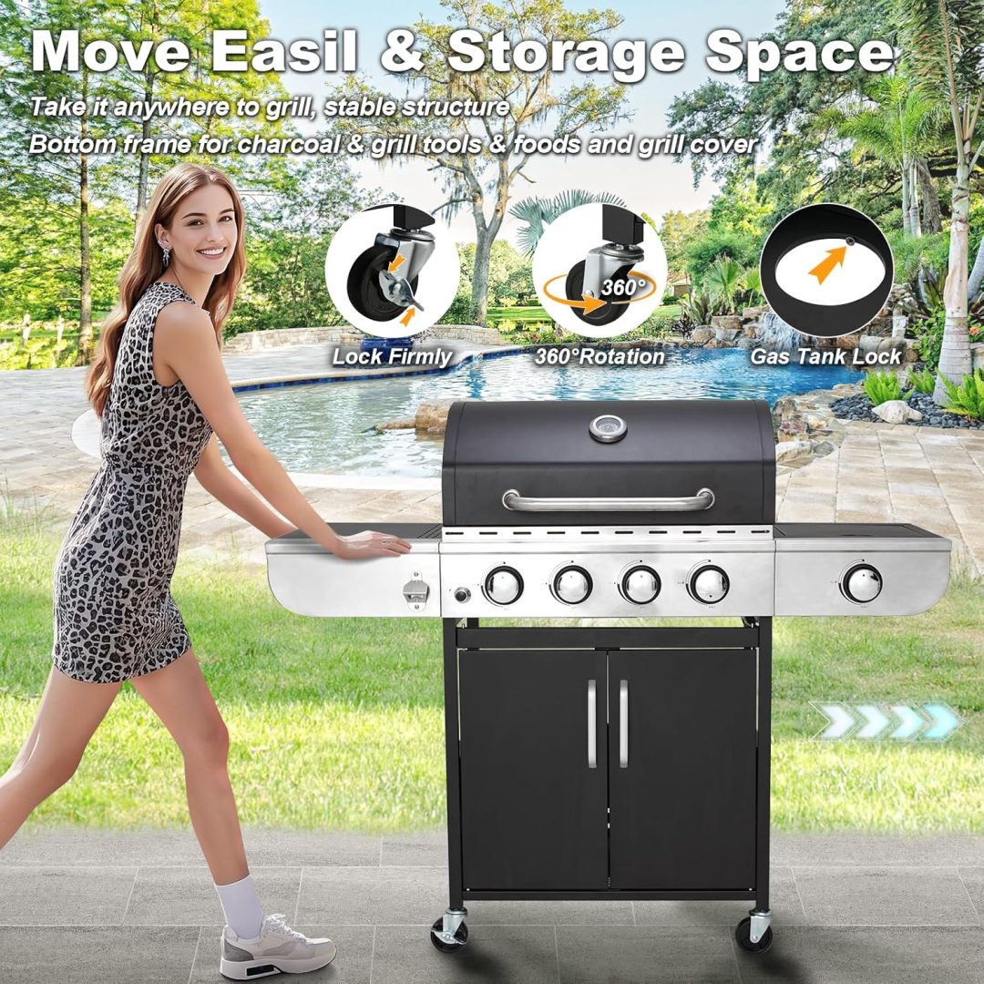 ZenVora 4-Burner Propane Gas Grill with Cast Iron Grates, Side Stove and 44,000 BTU Stainless Steel Burners