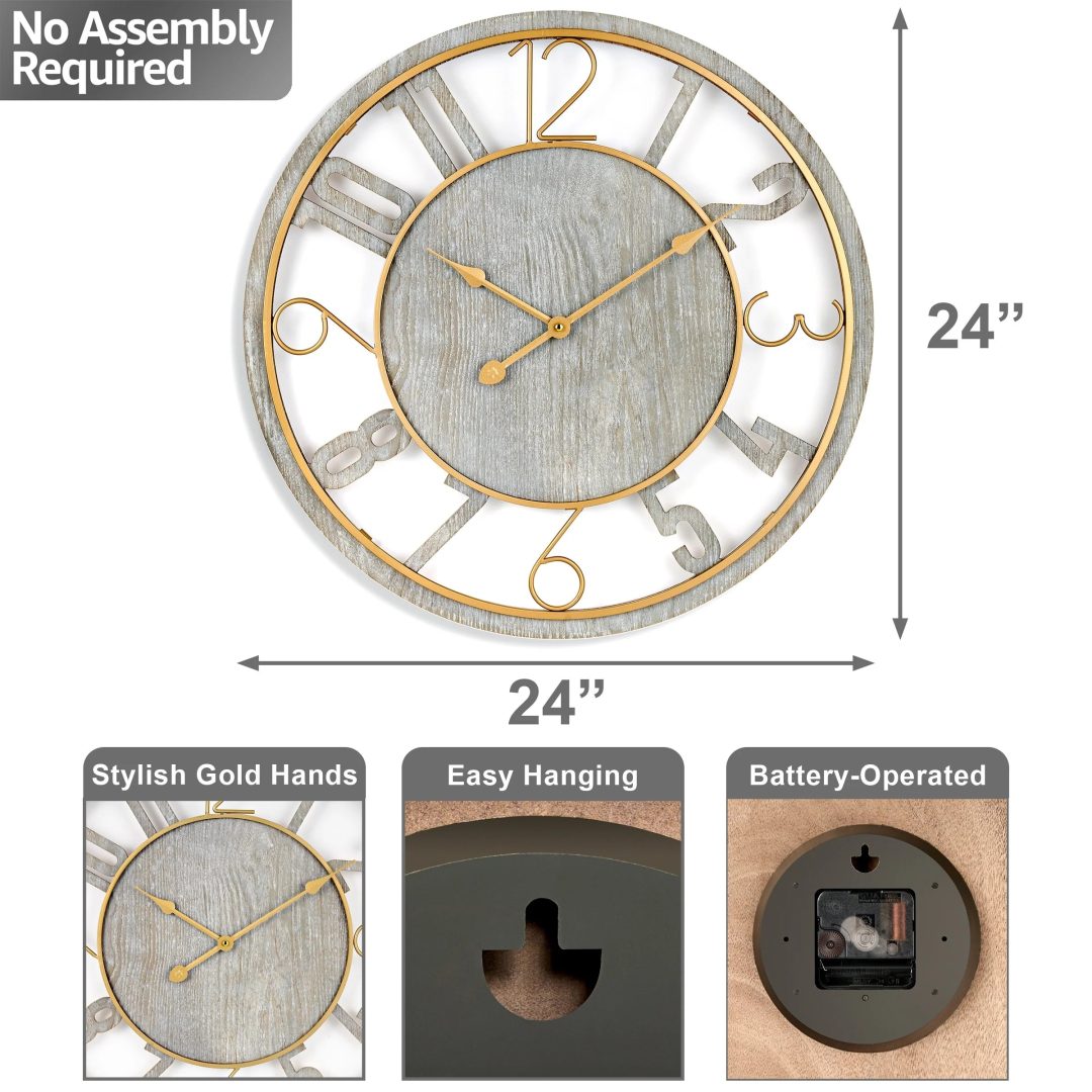 ZenVora 24 Inch Round Wooden Wall Clock, Modern Analog Clock with Numeral Design, Battery Operated