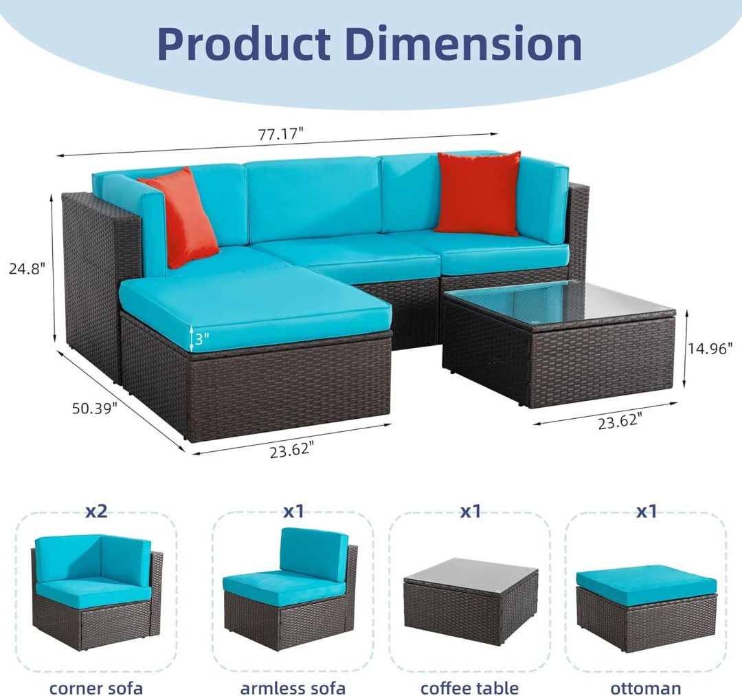 ZenVora 5-Piece All-Weather Patio Furniture Set with Ottoman, Outdoor Wicker Conversation Sofa Set with Cushions for Garden, Deck & Backyard