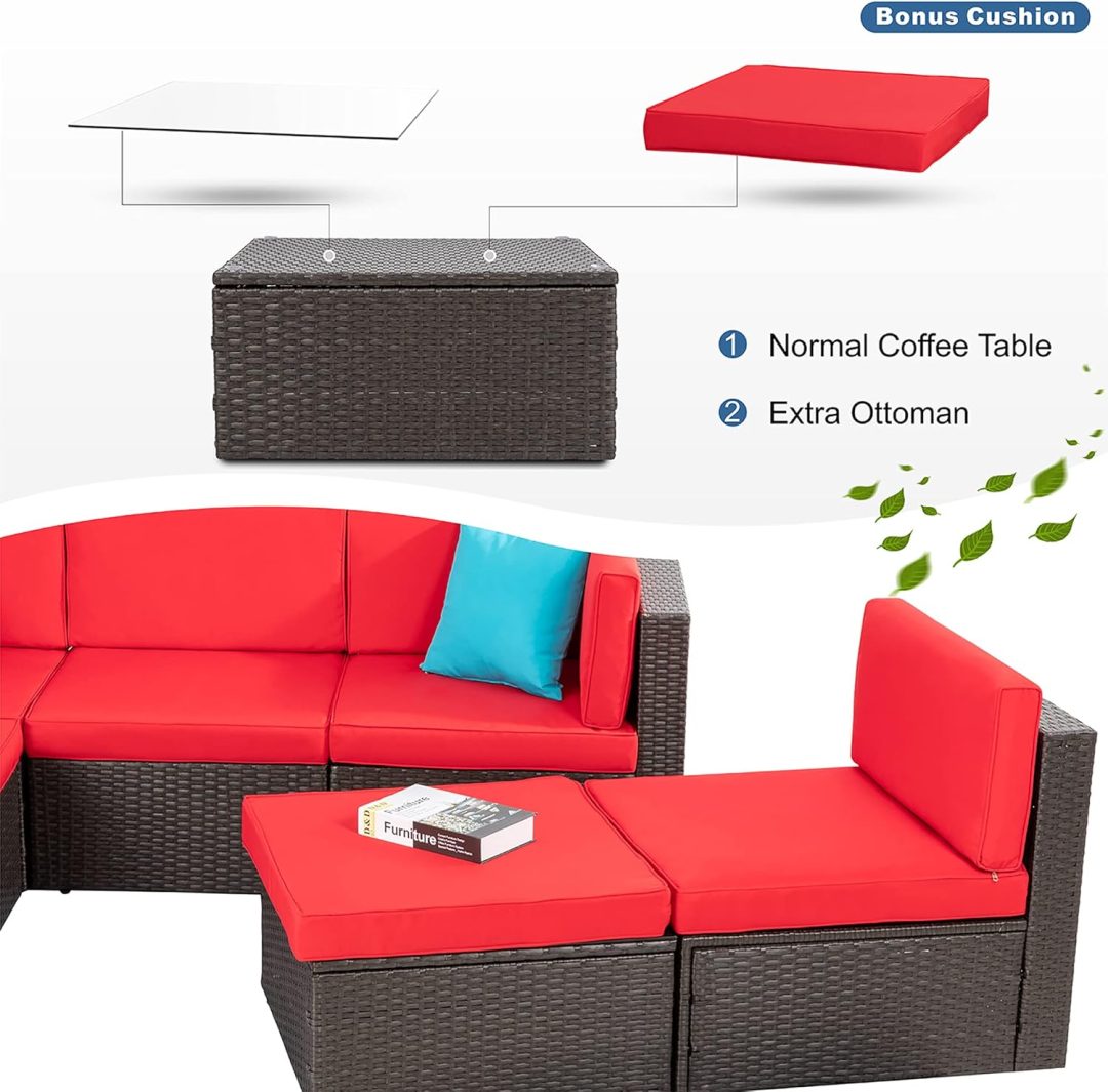 ZenVora 5-Piece All-Weather Patio Furniture Set with Ottoman, Outdoor Wicker Conversation Sofa Set with Cushions for Garden, Deck & Backyard