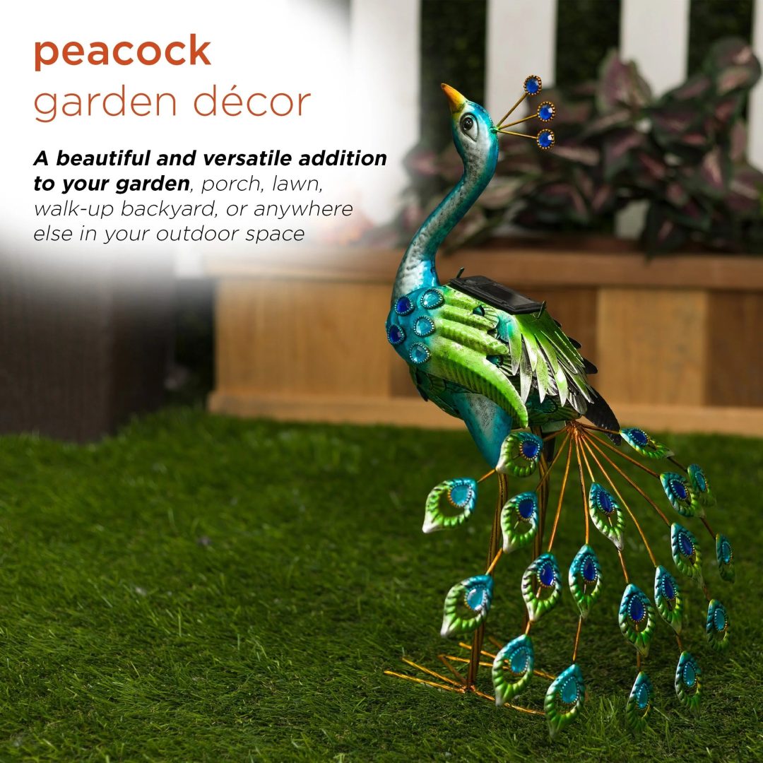 ZenVora Tall Metallic Peacock Garden Statue, Multicolor Outdoor Standing Bird Sculpture for Yard, Patio and Garden Decoration