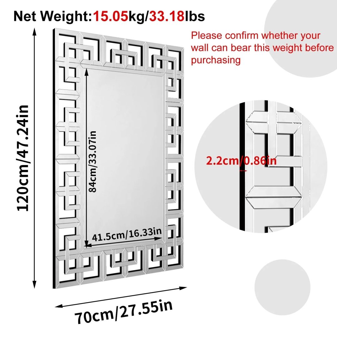 ZenVora Large Silver Geometric Wall Mirror, Modern Decorative Accent Mirror for Living Room, Bedroom and Entryway
