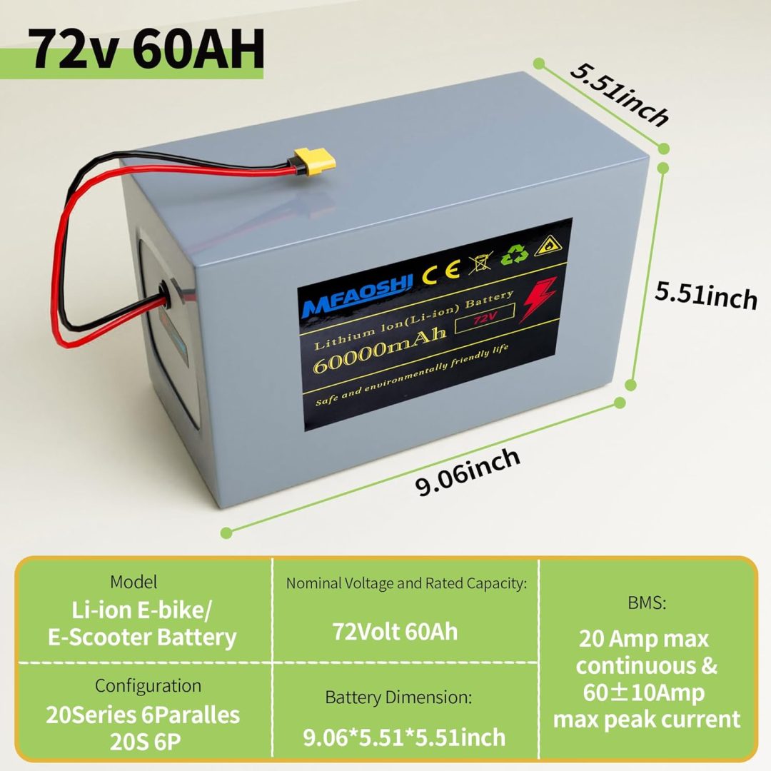 ZenVora 72V 60Ah Lithium E-Bike Battery with LED, XT90 Connector