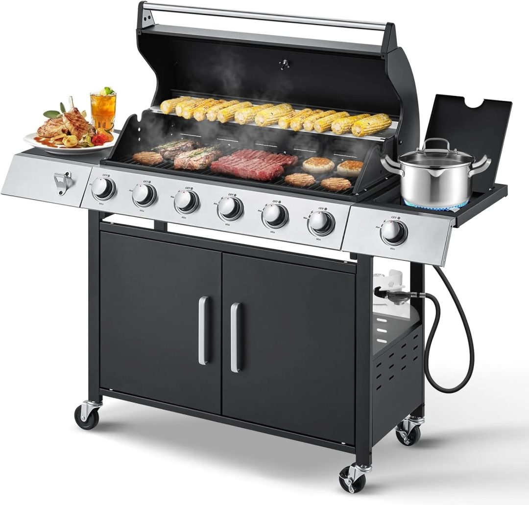 ZenVora 4-Burner Propane Gas Grill with Cast Iron Grates, Side Stove and 44,000 BTU Stainless Steel Burners