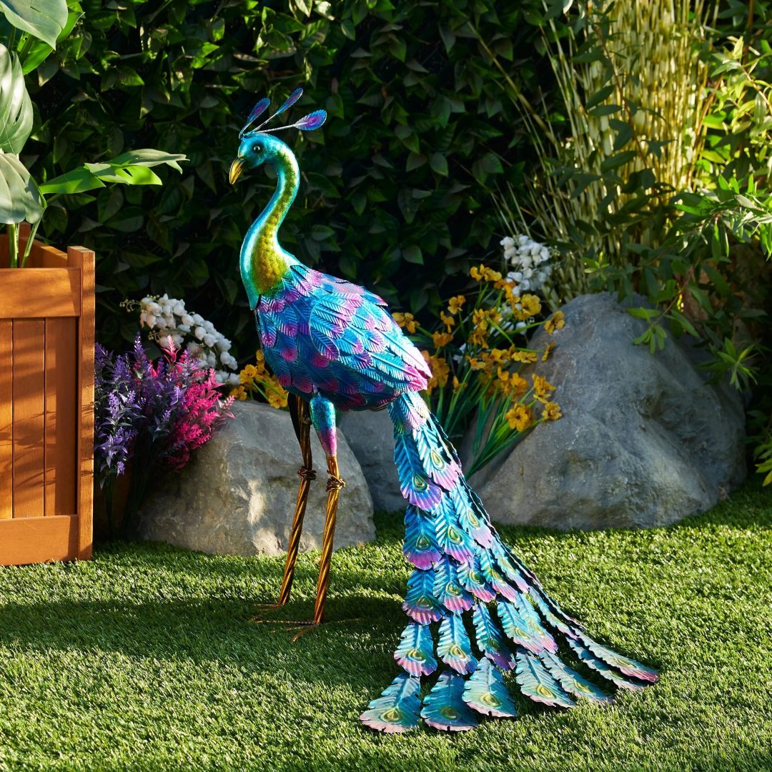 ZenVora Tall Metallic Peacock Garden Statue, Multicolor Outdoor Standing Bird Sculpture for Yard, Patio and Garden Decoration