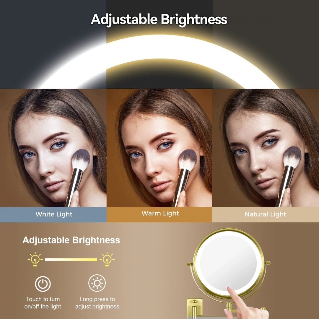 ZenVora 8 Inch Round Wall Mounted Makeup Mirror, Rechargeable, 1X/10X Magnification, 3-Color LED Lights