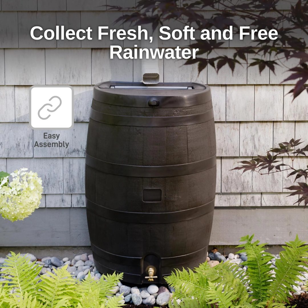 ZenVora 50 Gallon Rain Barrel with Brass Spigot, Walnut Rainwater Collection Barrel for Garden and Outdoor Use