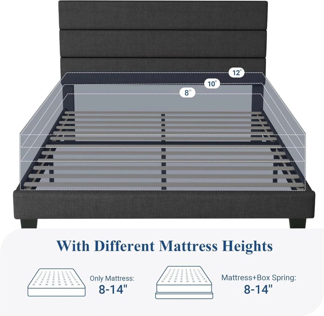 ZenVora Queen Size Upholstered Platform Bed Frame, Dark Gray Fabric Bed with Headboard for Bedroom
