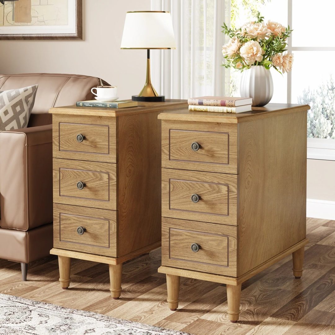 ZenVora Fully Assembled Narrow End Table, Solid Wood Side Table with 3 Drawers, Vintage Nightstand for Small Spaces