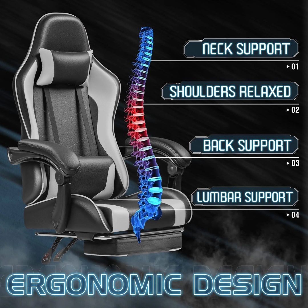ZenVora Ergonomic Gaming Chair with Footrest and Massage Support, Reclining Computer Chair for Gaming Room and Home Office