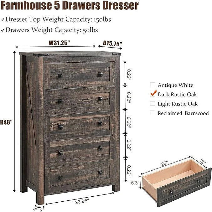ZenVora 48 Inch Tall Farmhouse Wood Dresser, 5 Drawer Chest of Drawers for Bedroom
