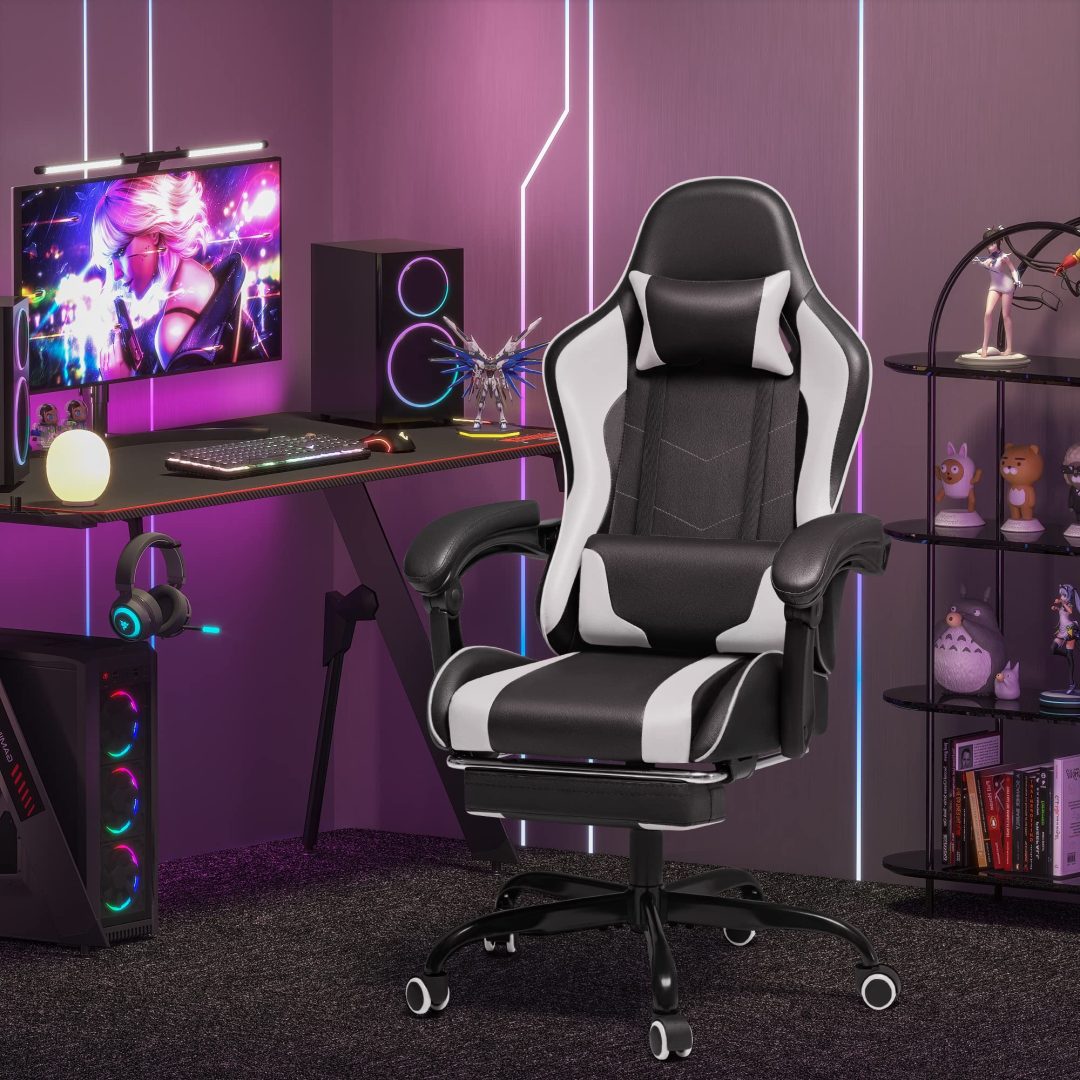 ZenVora Ergonomic Gaming Chair with Footrest and Massage Support, Reclining Computer Chair for Gaming Room and Home Office