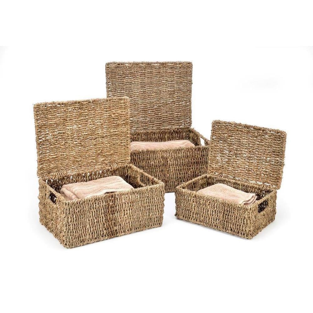 ZenVora Set of 3 Small Rectangular Seagrass Baskets with Lids, Woven Storage Baskets