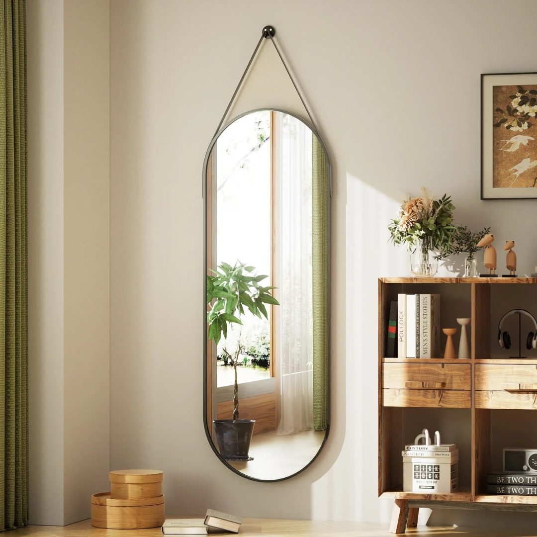 ZenVora 48 x 16 Inch Full Length Wall Mirror with Leather Strap, Hanging Full Body Mirror for Bedroom, Entryway and Home Decor