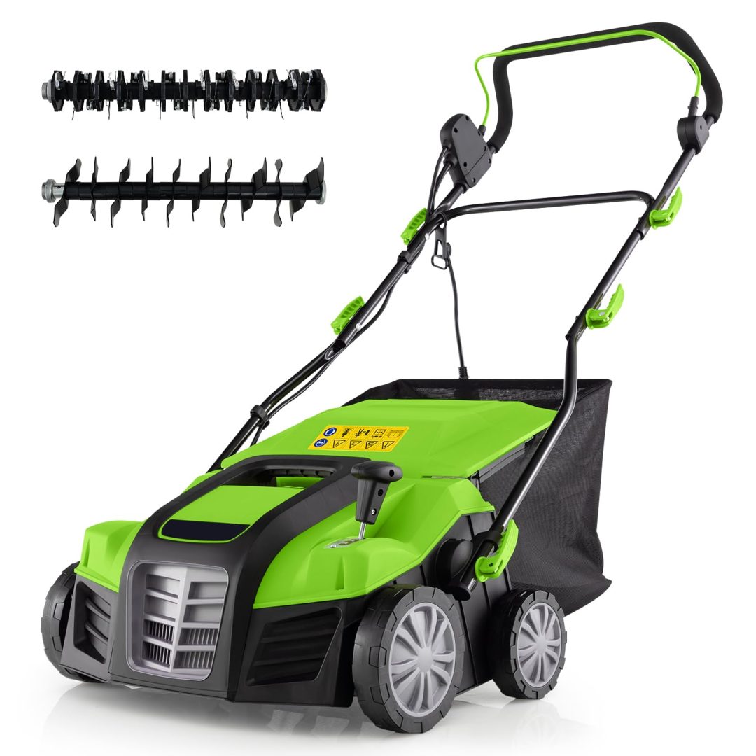 ZenVora 2-in-1 Electric Scarifier and Lawn Dethatcher, 16-Inch 15A Corded Dethatcher with 14.5-Gallon Collection Bag