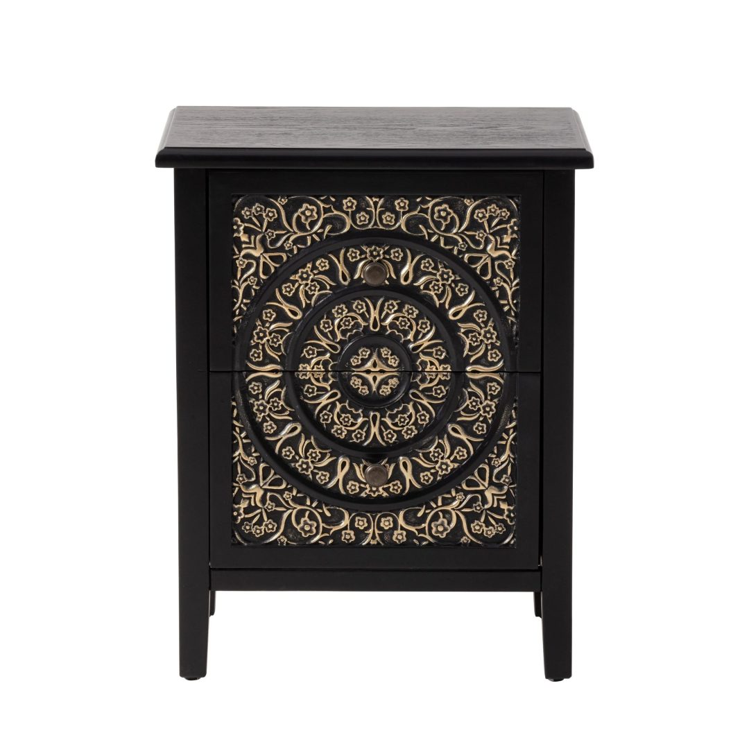 Farmhouse Fully Assembled Nightstand with 2 Drawers, Flower Motif End Table for Small Spaces