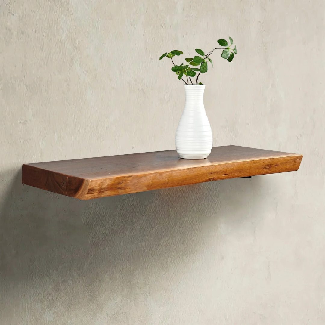 ZenVora 1 Piece Teak Wood Wall Shelf with Live Edge, Rustic Floating Shelf for Home Decor