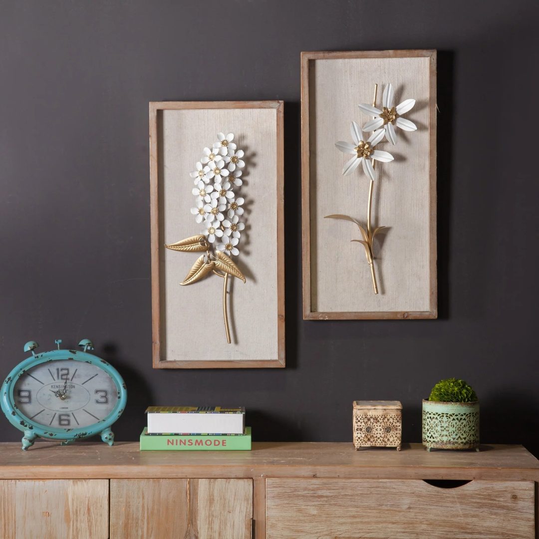 ZenVora Set of 2 White and Gold Metal Flower Wall Decor with Wood Frames, Decorative Floral Wall Art