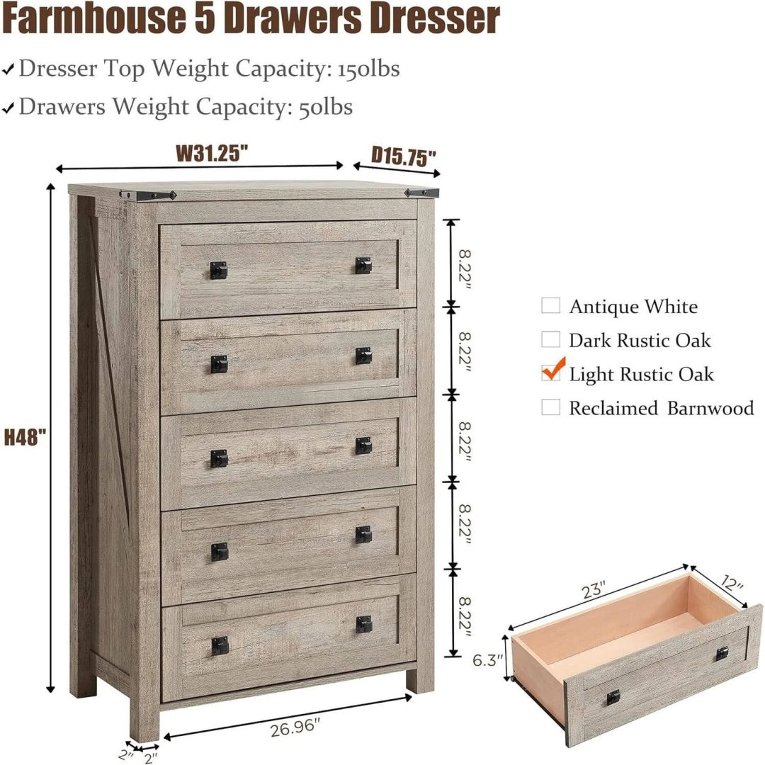 ZenVora 48 Inch Tall Farmhouse Wood Dresser, 5 Drawer Chest of Drawers for Bedroom