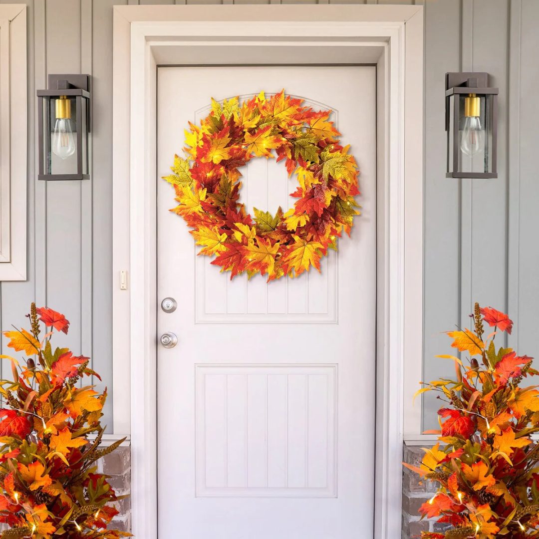 ZenVora Thanksgiving LED Lighted Fall Maple Leaf Wreath and Garland - Autumn Home Decor