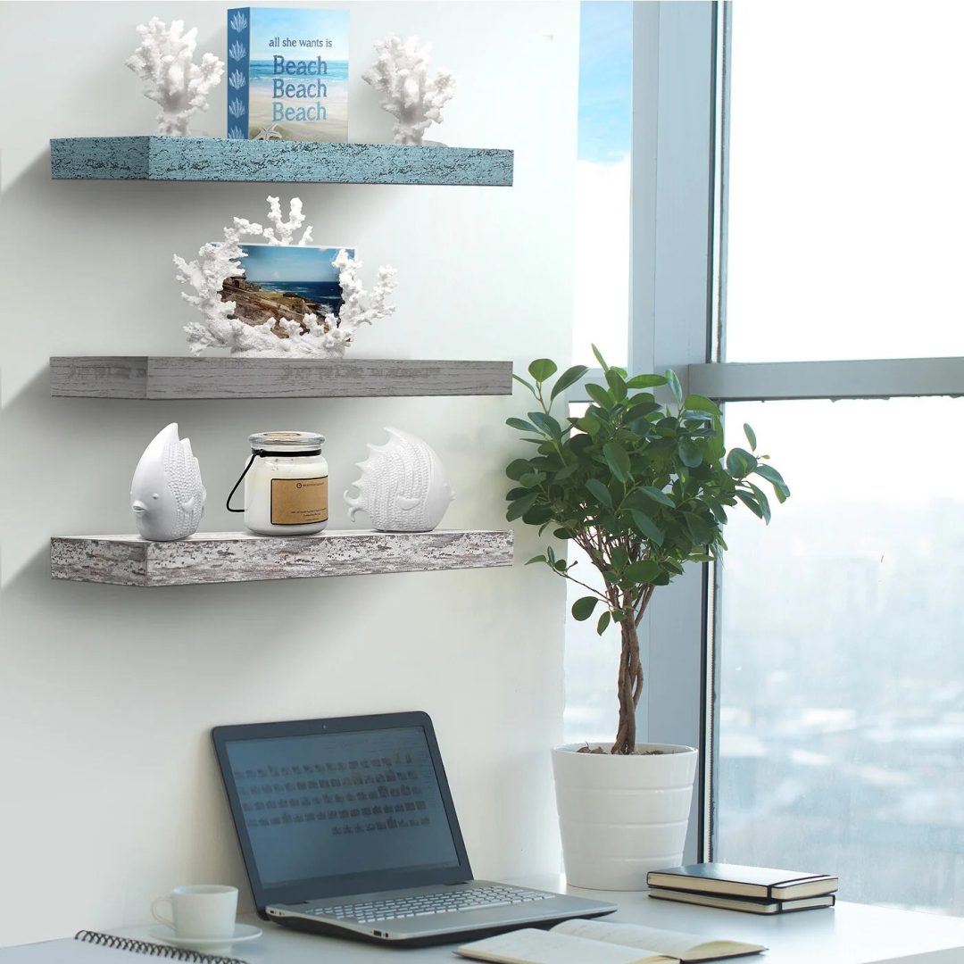 ZenVora 3-Pack Rustic Wood Floating Wall Shelves, Beach Style Hanging Display and Storage Shelves