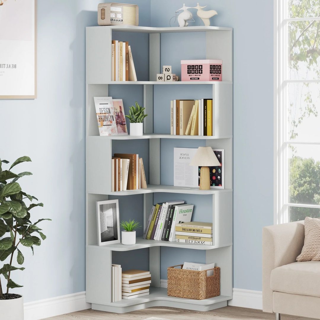 ZenVora 64.9 Inch Tall 6-Tier Corner Bookshelf, Freestanding Wood Industrial Bookcase