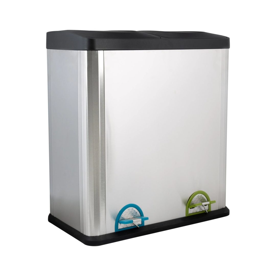 ZenVora 60L 2 Compartment Stainless Steel Recycling Bin, Dual Section Trash Sorter Container for Kitchen, Home & Office