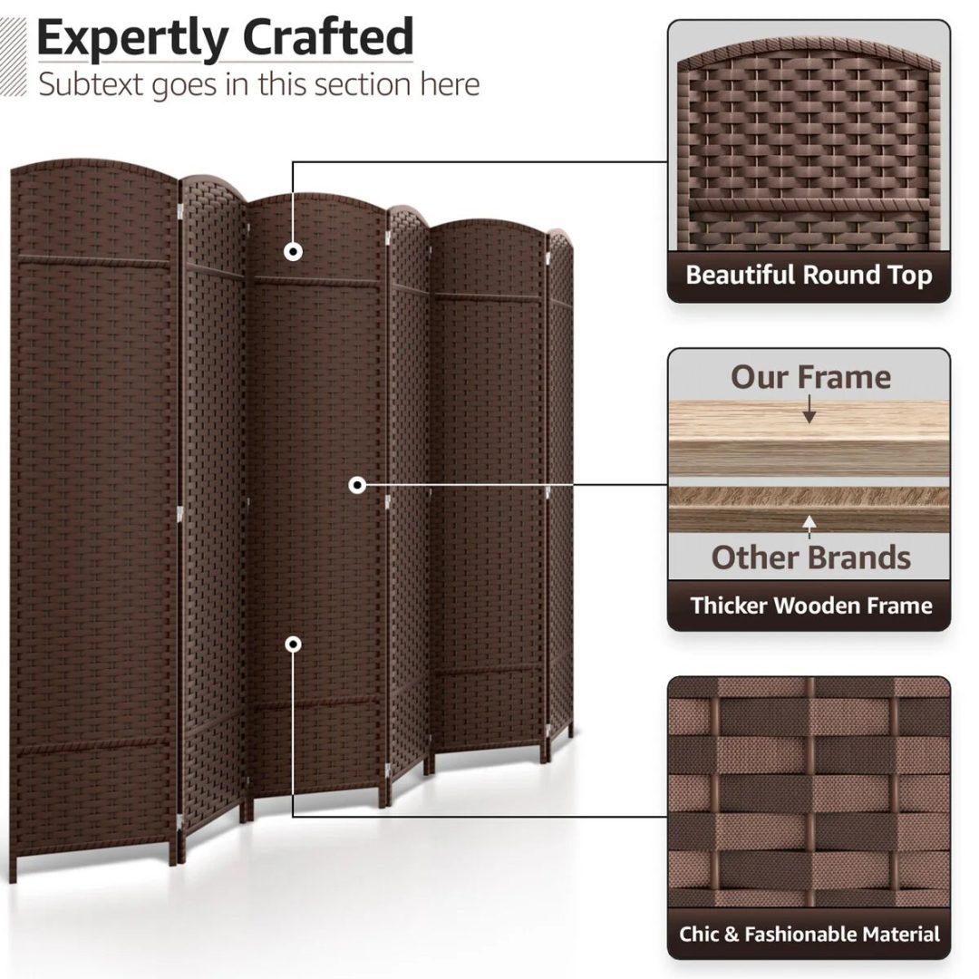 ZenVora 6 Panel Room Divider, 6ft Tall Extra Wide Folding Privacy Screen with Hand-Woven Mesh Panels