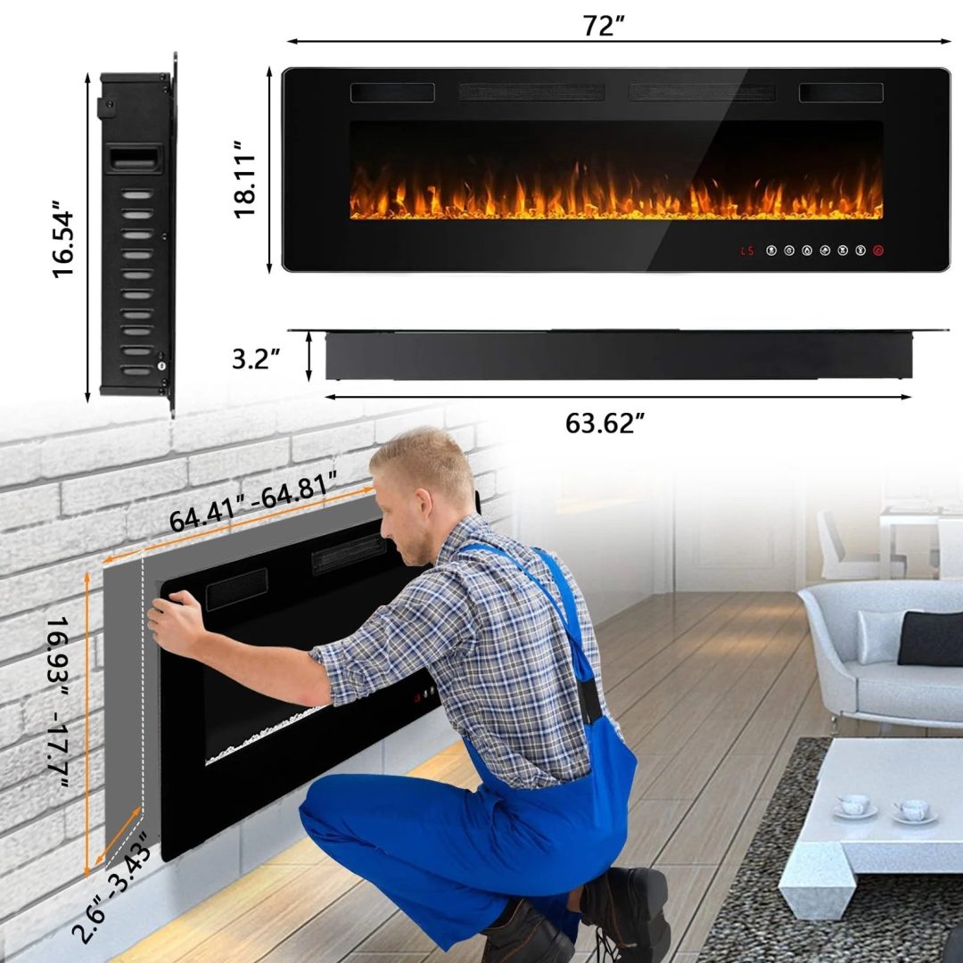 ZenVora 30-72 Inch Ultra-Thin Electric Fireplace, Linear Recessed Wall Mounted Fireplace with Remote Control